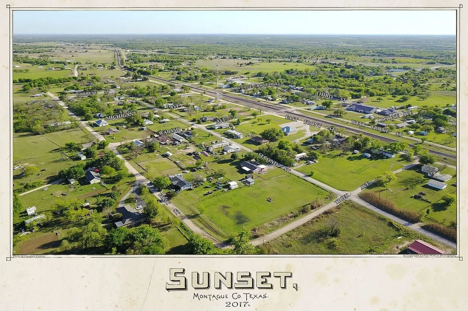 Aerial view of Sunset, Texas, an unincorporated community in southern Montague County, framed to echo the 1890 T.M. Fowler bird's-eye drawing