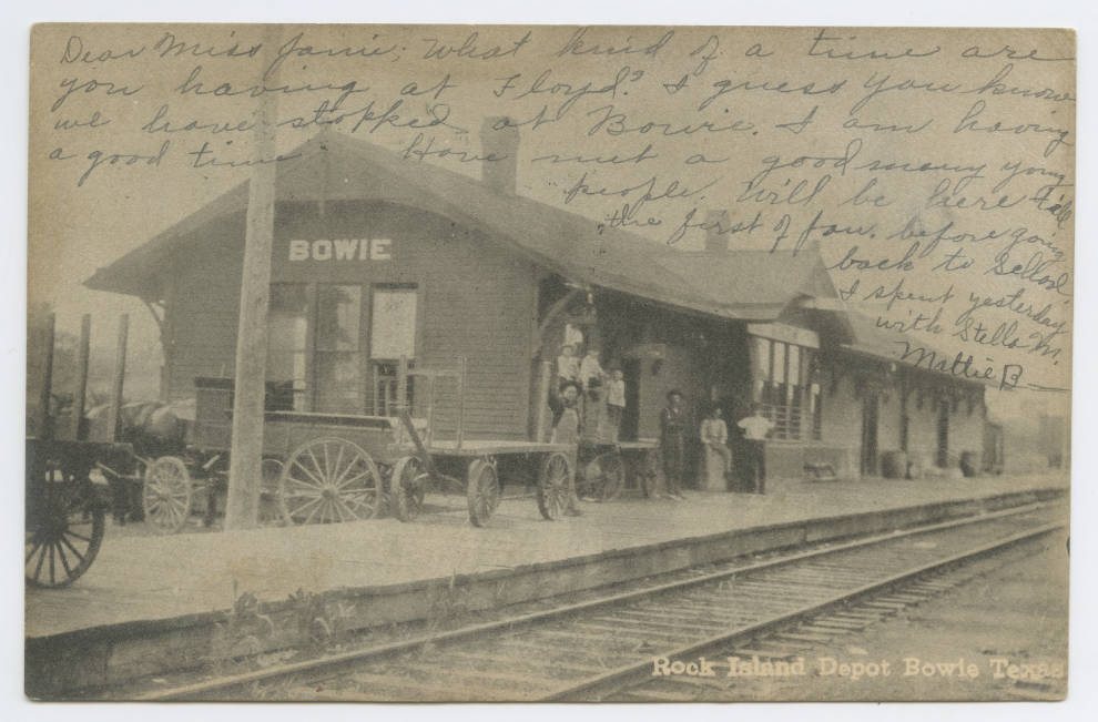 Rock Island Railroad depot in Bowie, Texas, December 25, 1906 — the railroad-era downtown that included Smythe Street's 'Smoky Row' district and the Hutchinson Hotel