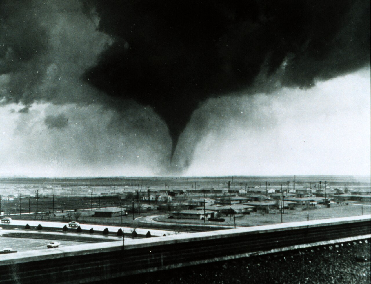 An F5 tornado touching down in Wichita County, Texas in April 1964 — the southern plains of north Texas are historically among the most tornado-prone regions in the country